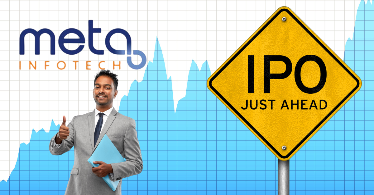 Meta Infotech IPO GMP chart with company logo used for educational purposes only.